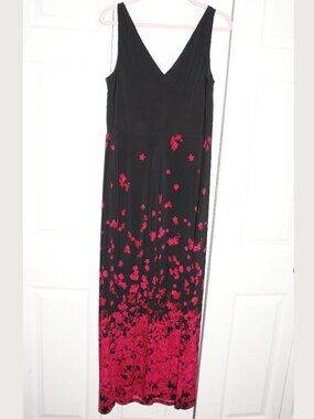CHAPS Sleeveless Black and Bright Red Flower Maxi Dress - Large EUC